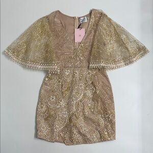 Hello Molly Gold and Cream Sequin Cocktail Dress With Cape Sleeves Size 6 NWT